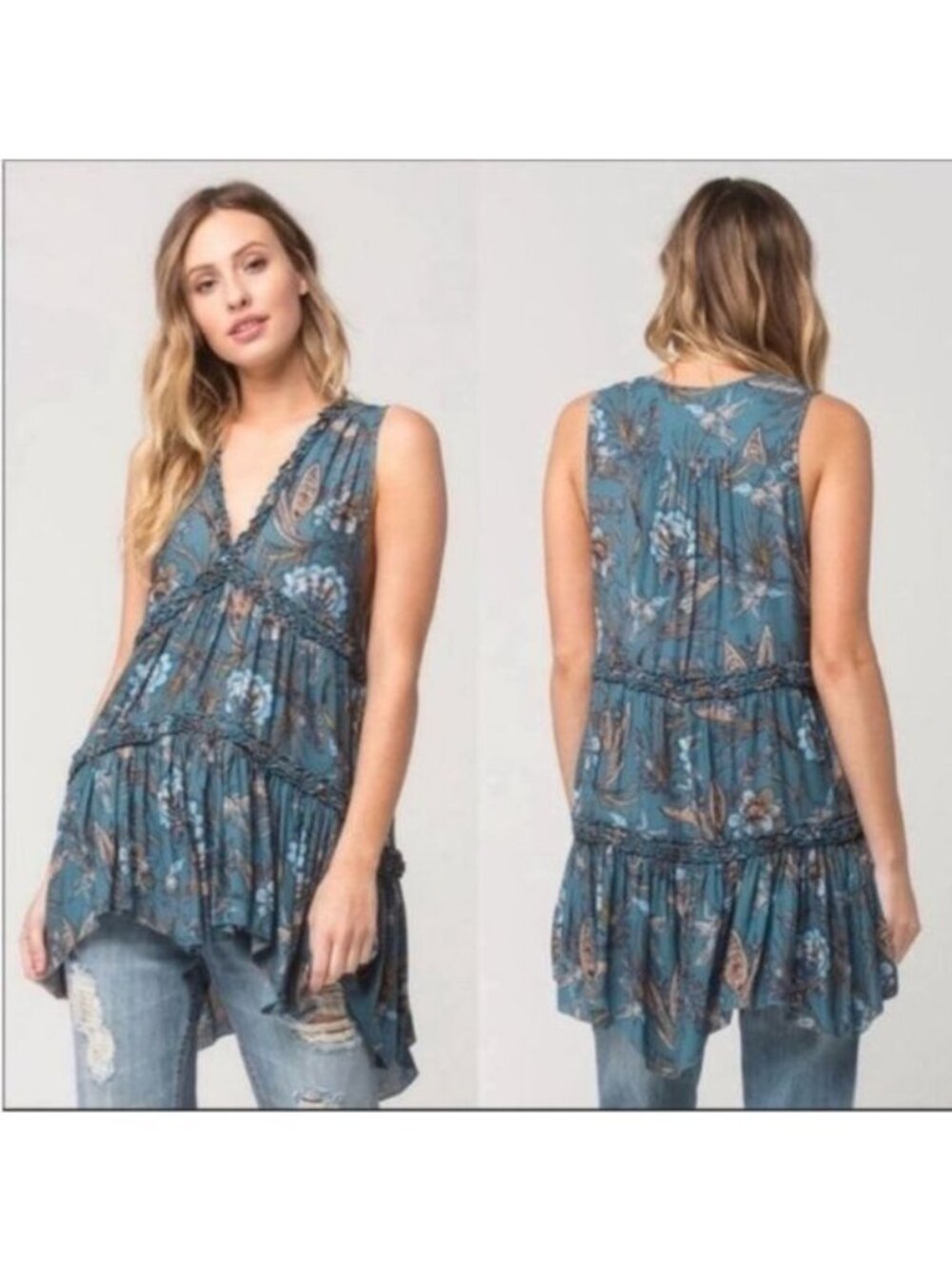 Free People Haze Tunic Top Sleeveless Bohemian Hummingbird Print Flowy Size XS